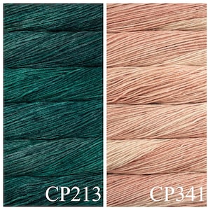 May include: Two skeins of yarn, one is a deep teal green colour and the other is a light peach colour. The skeins are labelled CP213 and CP341.