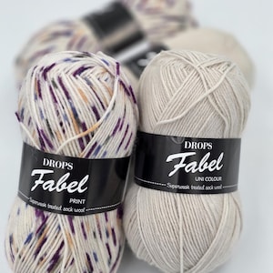 Hilo para calcetines autorayado Drops Fabel, lana de 4 capas para tejer con dedos