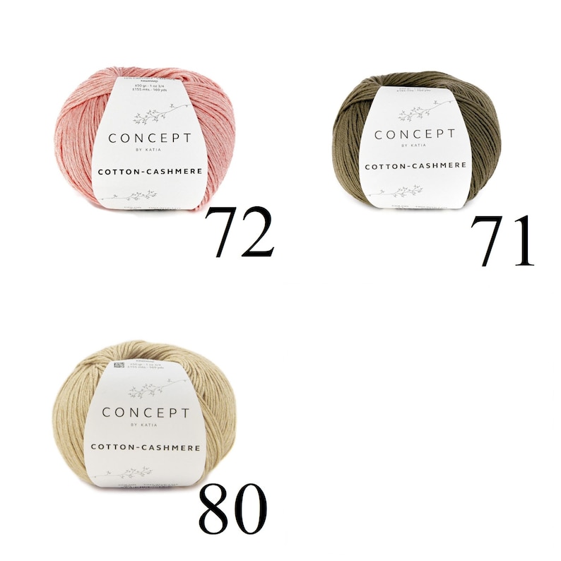 May include: Three balls of yarn in different colors: pink, green, and beige. Each ball has a label that reads "CONCEPT by KATIA COTTON-CASHMERE". The balls are numbered 72, 71, and 80.