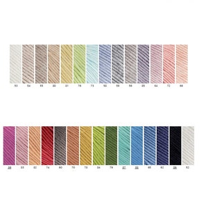 May include: A color chart of Cotton-Cashmere yarn, a blend of 90% cotton and 10% cashmere. The chart shows 24 different colors, including shades of white, beige, green, blue, red, and pink. The yarn is 250 grams and 155 meters long.