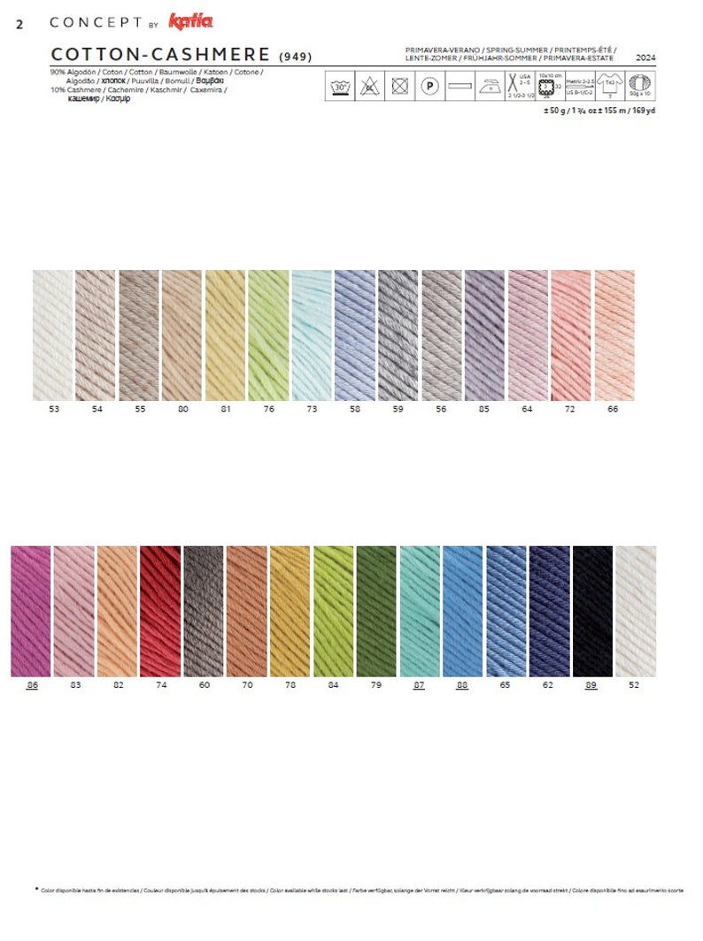 May include: A color chart of Cotton-Cashmere yarn, a blend of 90% cotton and 10% cashmere. The chart shows 24 different colors, including shades of white, beige, green, blue, red, and pink. The yarn is 250 grams and 155 meters long.
