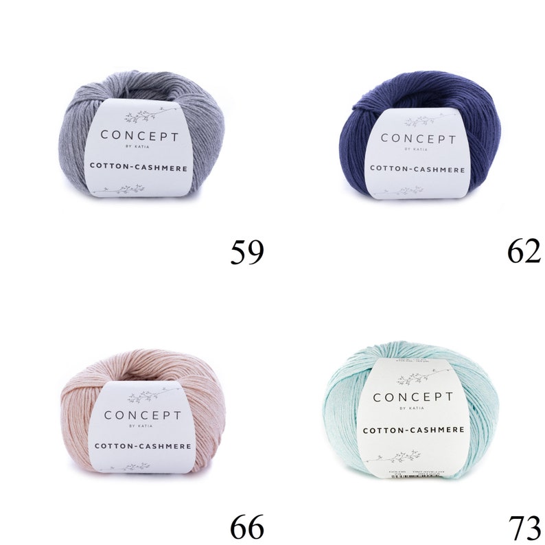 May include: Four balls of yarn in different colors: gray, blue, pink, and light blue. Each ball has a white label with the text "CONCEPT by KATIA COTTON-CASHMERE".
