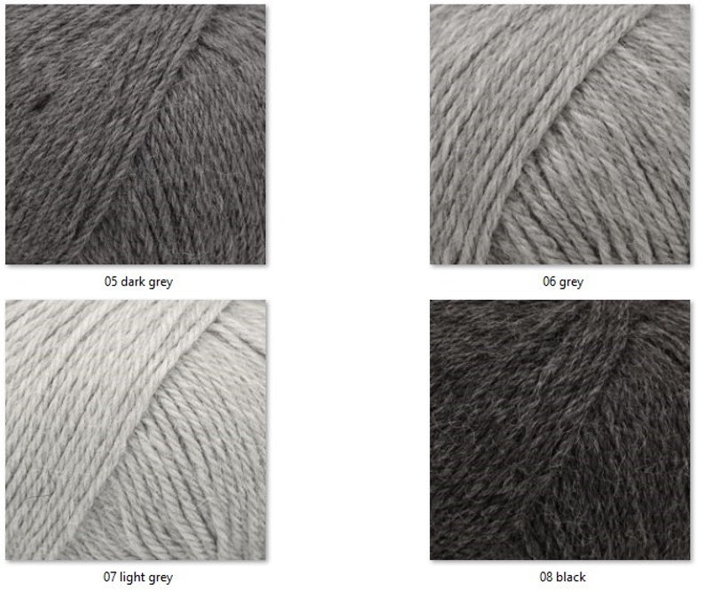 May include: Four skeins of yarn in various shades of gray and black. The colors are labeled: dark grey, grey, light grey, and black. The yarn is tightly wound and appears soft, suitable for knitting or crocheting projects.