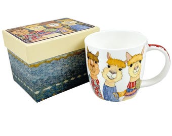 Happy Alpacas Boxed Mug, Fine Bone China Coffee Cup, Alpaca Lover Gift