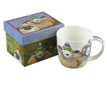 Emma Ball Happy Sheep fine bone china mug and gift box, 350 ml coffe cup for knitter
