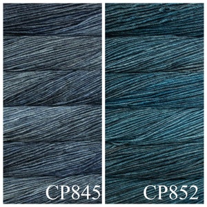 May include: Two skeins of yarn, one in a dark blue shade and the other in a teal shade. The skeins are labelled CP845 and CP852.