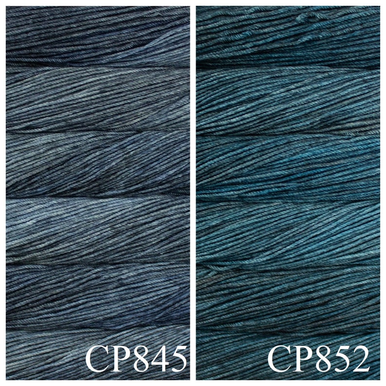 May include: Two skeins of yarn, one in a dark blue shade and the other in a teal shade. The skeins are labelled CP845 and CP852.