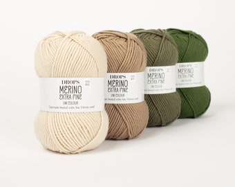 Drops Merino Extra Fine, superwash treated extra fine merino wool, 8 ply worsted weight merino wool, gentle on skin knitting yarn, baby wool