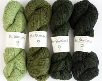 May include: Four skeins of yarn in shades of green. The yarn is labeled "Bio Shetland" with the text "100% Pure Organic Wool".