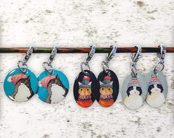 Emma Ball Stitch markers set of 6, sheep in sweater, crafting gnomes, cats in hats