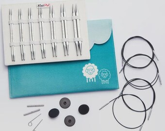 KnitPro Nova Cubics Deluxe Set, interchangeable circular knitting needles, square metal tips, ergonomic brass craft kit, blue fabric case