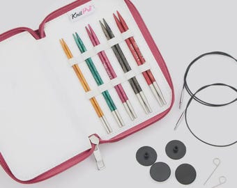 KnitPro Dreamz Starter Set, interchangeable circular knitting needles, 13cm 5" birchwood needles, swivel cables case, knitting gift set