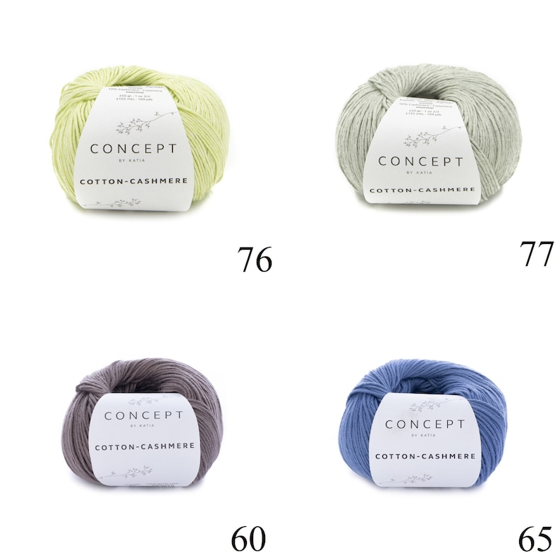 May include: Four balls of yarn in different colors: light green, gray, light blue, and brown. Each ball has a label that reads "CONCEPT by Katia COTTON-CASHMERE".