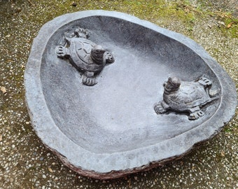 Flat XXL bird bath "turtle"Bird bath, 46 x 38 cm!Feeding bowl, bathing bowl, solid, natural stone, river stone, turtle carving