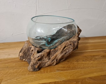 Large vase, decorative glass, hand-blown glass on teak wood root, individual unique, wood meets glass, decoration, candle glass