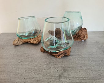 Wortelhouten vaas, decoratieve vaas, mondgeblazen glas op houtwortel, individueel uniek, hout ontmoet glas, decoratie, kaarsglas