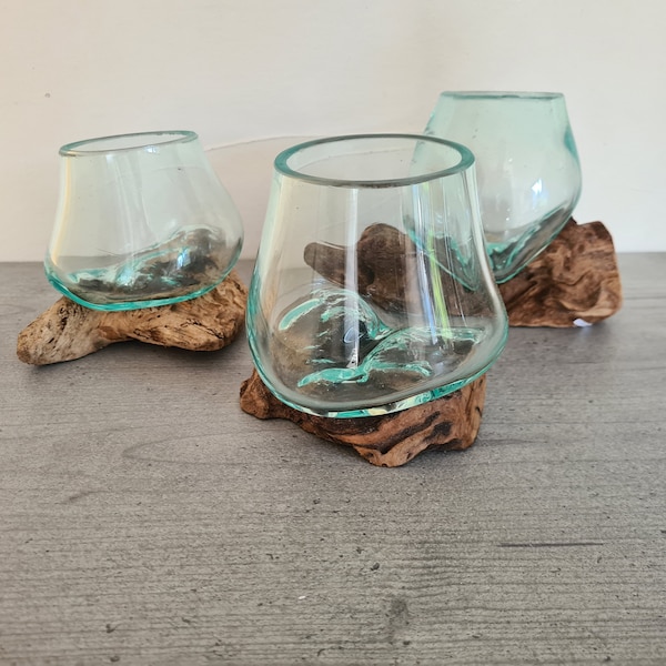 Wurzelholz Vase, Deko Vase, Glas mundgeblasen auf Holzwurzel, individuelles Unikat, Holz trifft Glas, Dekoration, Kerzenglas