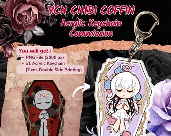 May include: A white chibi character in a coffin with pink and blue flowers. The coffin is surrounded by thorns. The character is wearing a white dress with black and red accents. The keychain is 7 cm and has double-sided printing. The text "YCH CHIBI COFFIN" is at the top of the image.