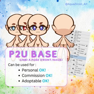 P2U Cyfrowa baza do rysowania - Chibi A Pose Przód Tył do Arkuszy referencyjnych i materiałów do adopcji