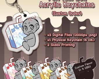 May include: A set of five acrylic keychains featuring a cartoon character holding a milk carton. The keychains are available in different colors and flavors, including strawberry, mint, caramel, and chocolate. The keychains are 6 cm in size and come with two-sided printing. The text "YCH Milk Box Acrylic Keychains (Custom Order)" is displayed at the top of the image. The text "Custom Flavor (+ 5 USD)" is displayed at the bottom of the image.
