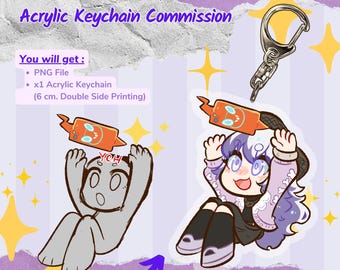 May include: An acrylic keychain commission advertisement. The design features a cartoon character with purple hair and a matching keychain design. The text reads "YCH ROTO-GLIDE Acrylic Keychain Commission". The keychain is 6 cm and double-sided.