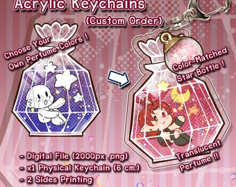 May include: A custom order for a 6 cm acrylic keychain featuring a translucent perfume bottle with a star-shaped stopper. The bottle is filled with glitter and a small cartoon character. The keychain is available with a color-matched star bottle.