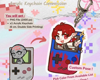 May include: A digital illustration of a custom-designed keychain featuring a retro game console with a character inside. The keychain is 6 cm and has double-sided printing. The character is a red-haired person with a black outfit and red eyes. The console is red, blue, and white. The text "Custom Pose! Pick Color From Available List or Choose Your Own!" is included in the image.