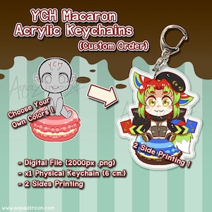 Puede incluir: Un pedido personalizado para un llavero de acrílico de 6 cm que presenta un personaje de dibujos animados sentado en un macaron. El llavero está impreso en ambos lados. Elige tus propios colores para el personaje y el macaron.