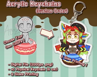 May include: A custom order for a 6 cm acrylic keychain featuring a cartoon character sitting on a macaron. The keychain is printed on both sides. Choose your own colors for the character and macaron.