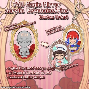 May include: Customizable acrylic keychain or pin featuring a character in a gold ornate frame with roses. The keychain is 6 cm and has glitter acrylic. The pin is 1 side printing, the keychain is 2 side printing.