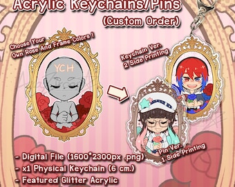 May include: Customizable acrylic keychain or pin featuring a character in a gold ornate frame with roses. The keychain is 6 cm and has glitter acrylic. The pin is 1 side printing, the keychain is 2 side printing.