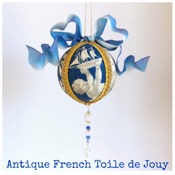 Antique French Toile Ornament - Ship Indigo