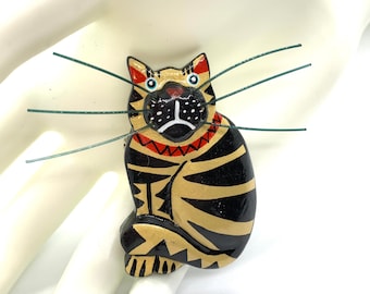 Gorgeous Handmade Painted Wooden Gold and Black Cat with HUGE Black Whiskas Vintage Brooch - Circa 1980's