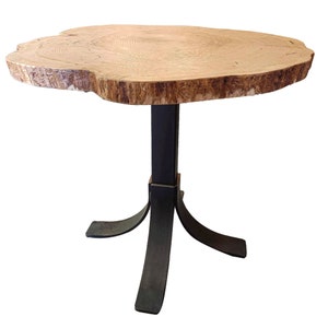 Rustic Modern Small Bar Table | Round Ash Bar Height Table | Live Edge Table | Natural Wood Slab Pub Style Table with Steel Base