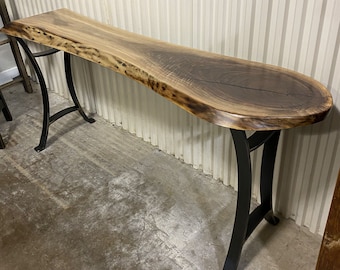 Narrow Walnut Live Edge Console Table | Steel Base, Rustic Sofa Table