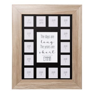 May include: A wooden picture frame with 16 openings for photos. The frame has a black mat and a quote that reads "The days are long, The years are short, EMMA".