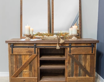 Reclaimed Barnwood Buffet | Walnut Top, Sliding Barn Doors