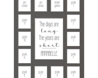 Personalized 11x14 School Photo Mat, Pre-K to Senior Year, Picture Mat 15 Openings, frame NOT included, Black, White, Gray - 2024 New