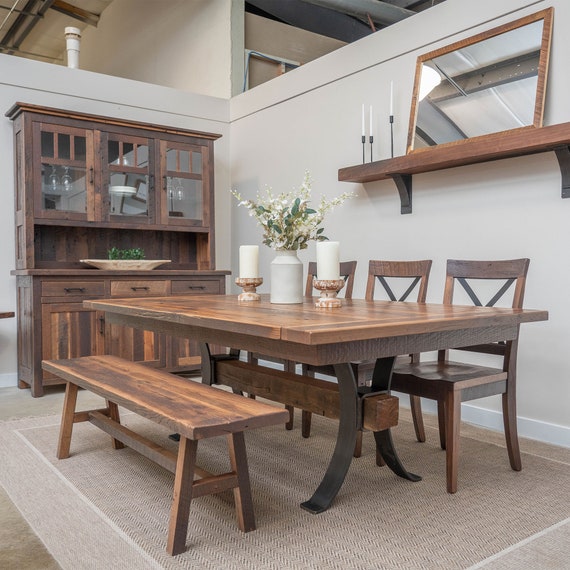 Reclaimed Oak Wood Dining Table With Steel and Timber Beam Base Rectangular Barnwood Dining Room Table Rustic Modern Kitchen Table Etsy