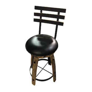 Set of 4 Whiskey Barrel Bar Stool with Upholstered Seat | Whiskey Barrel Kitchen Stool with Back | Barrel Stave Stools with Swivel Seat