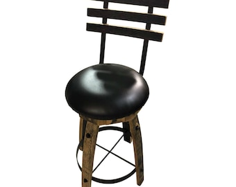 Set of 4 Whiskey Barrel Bar Stool with Upholstered Seat | Whiskey Barrel Kitchen Stool with Back | Barrel Stave Stools with Swivel Seat