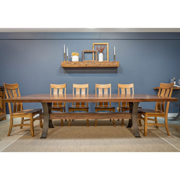 Hamilton Modern Walnut Dining Table with Steel Base | Contemporary Walnut Dining Room Table with Timber Beam | Rectangular Walnut Top Table