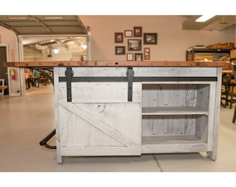 Reclaimed Barnwood Kitchen Island | Distressed White, Sliding Barn Door