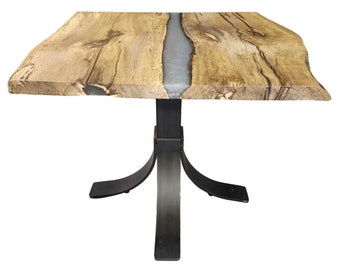Oak Live Edge Cafe Height Table | Round Rustic River Spalted Oak Wood Cafe Table | Live Edge Pub Table with Dolphin Gray Epoxy River