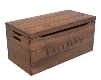 Personalized Rustic Brown Maple Wooden Blanket Chest | Engraved Toy Storage Trunk