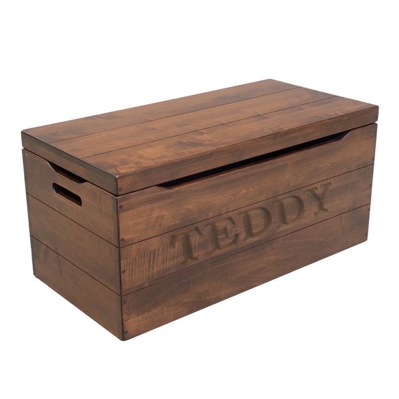 Engraved Toy Chest in Brown Maple Wood