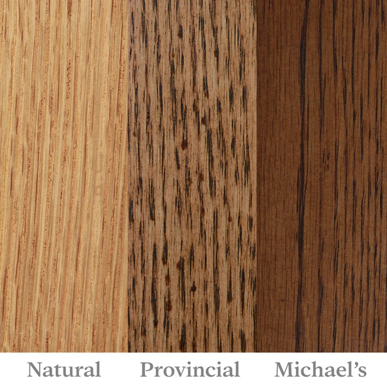May include: Three wood samples showing different stain colors: Natural, Provincial, and Michael's. The samples are arranged vertically, with the Natural sample on the left, the Provincial sample in the middle, and the Michael's sample on the right.