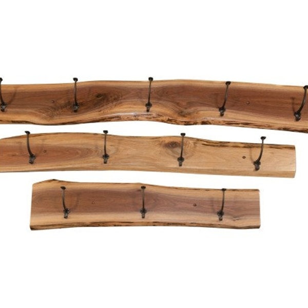 Rustic Wood Live Edge Coat Rack – Wall Mounted Raw Edge Organizer with Wrought Iron Hooks – Floating Wood Slab Coat Hanger 3', 4', 5'
