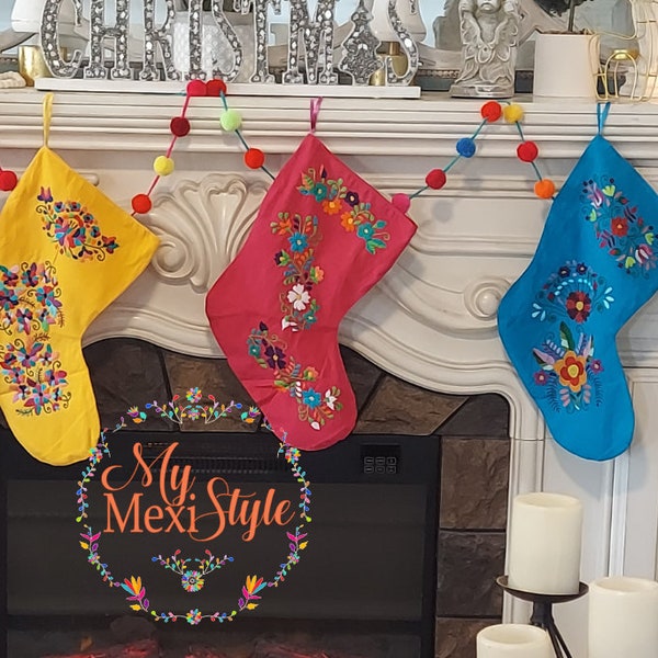 Mexican hand embroidered Christmas stockings, hand made Christmas stockings, Mexican Christmas decorations. colorful Mexican stockings