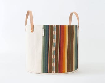 Medium Natural Canvas Bucket Basket: Brown + Orange